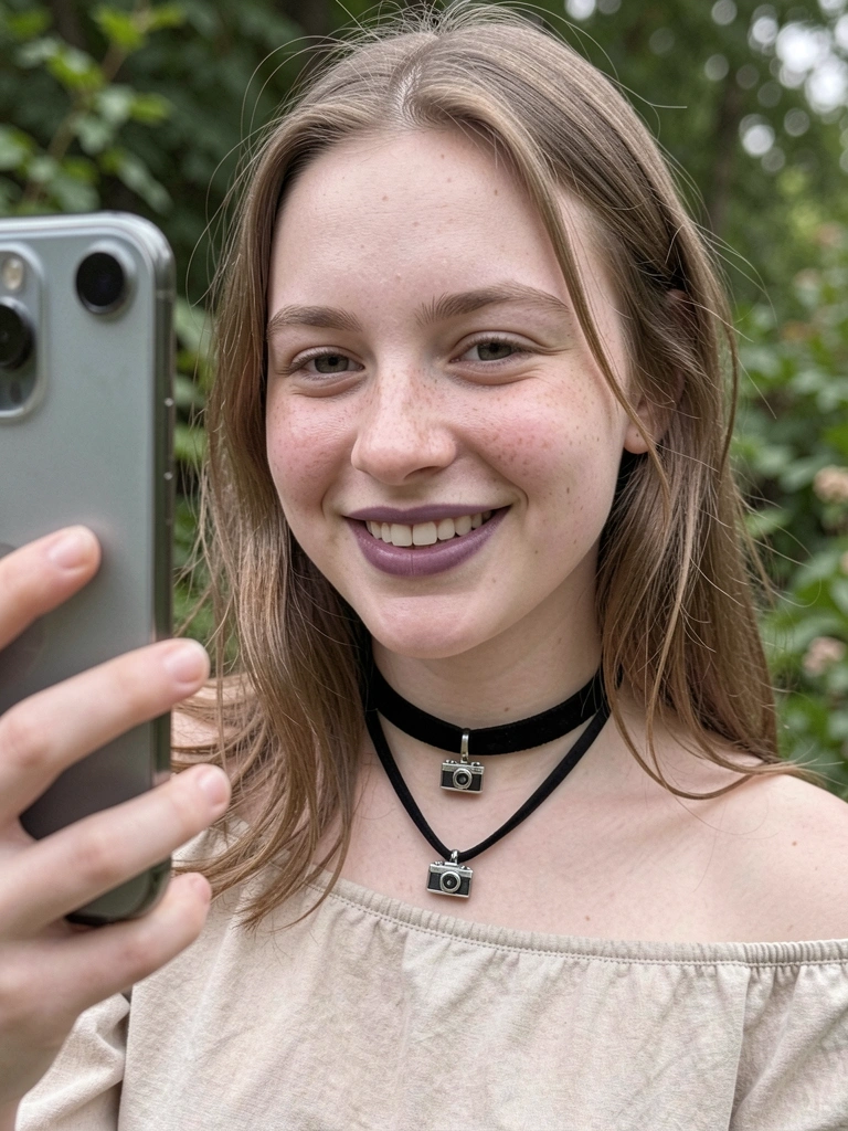 Pessoa sorrindo enquanto fotografa com celular em ambiente natural, árvores ao fundo.