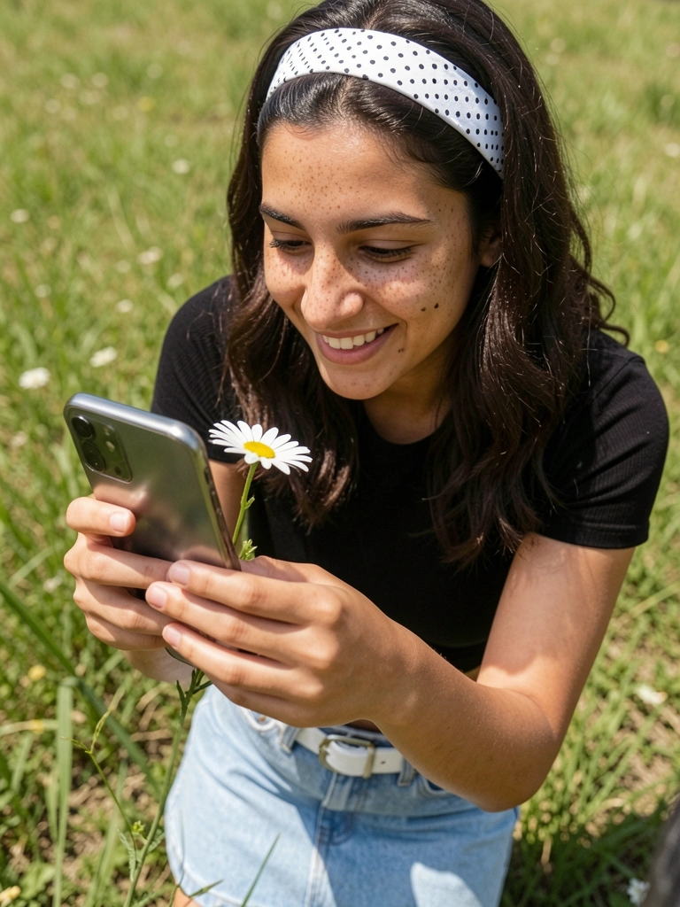 Pessoa sorrindo segurando celular em campo, enquadrando flor com a câmera.