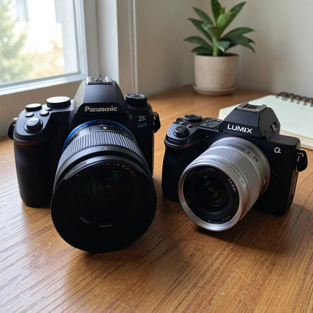 Duas câmeras, uma mirrorless e uma DSLR, posicionadas lado a lado sobre uma superfície neutra.