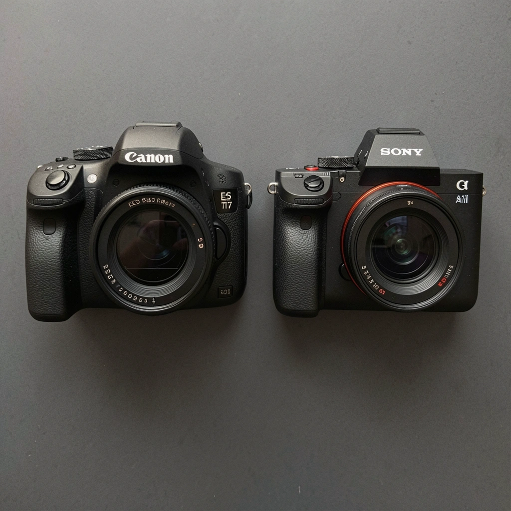 Diagrama comparativo do interior de uma câmera DSLR e uma mirrorless, destacando o espelho e o visor óptico na DSLR e a ausência de espelho na mirrorless.
