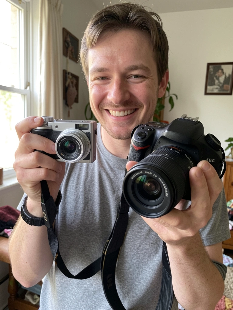 Duas mãos seguram uma câmera mirrorless pequena e uma DSLR grande, com lentes e flash visíveis.