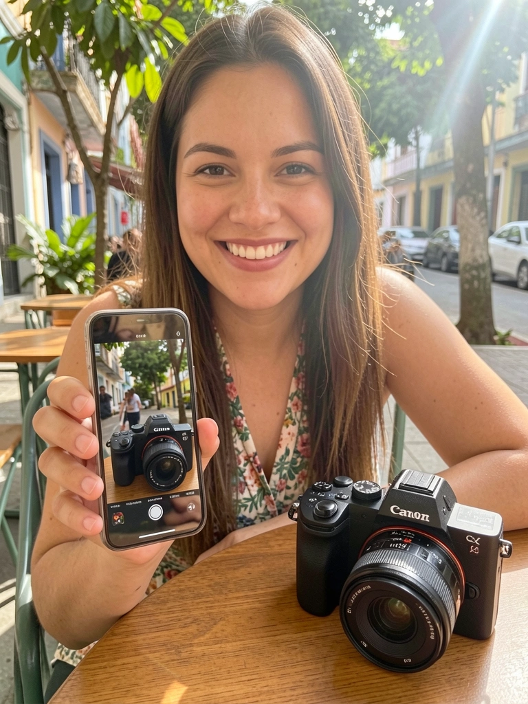 Pessoa sorrindo enquanto segura um celular mostrando uma foto ao ar livre.