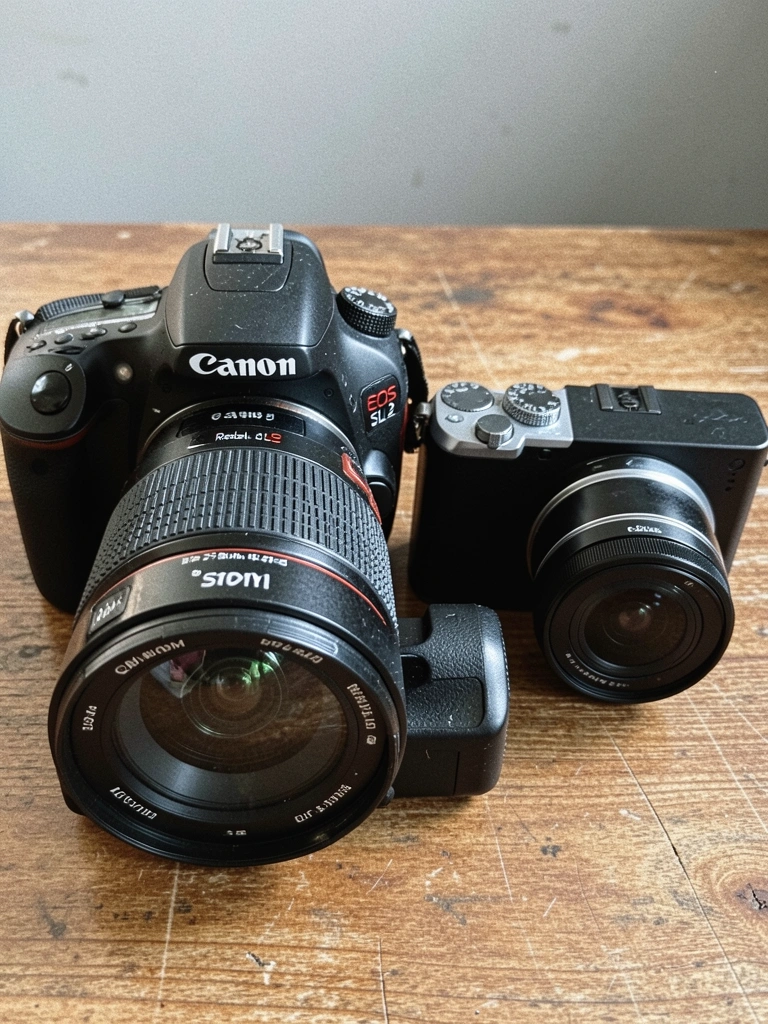 Duas câmeras profissionais, uma DSLR e uma mirrorless, posicionadas lado a lado sobre uma superfície neutra.