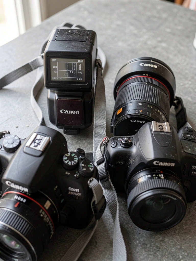 Dois sensores de câmera lado a lado, um full-frame maior e um APS-C menor, sobre fundo escuro.