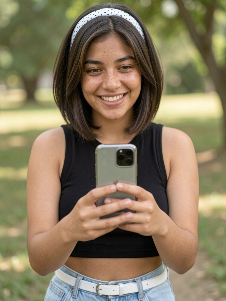 Jovem sorrindo enquanto segura um celular para fotografar ao ar livre