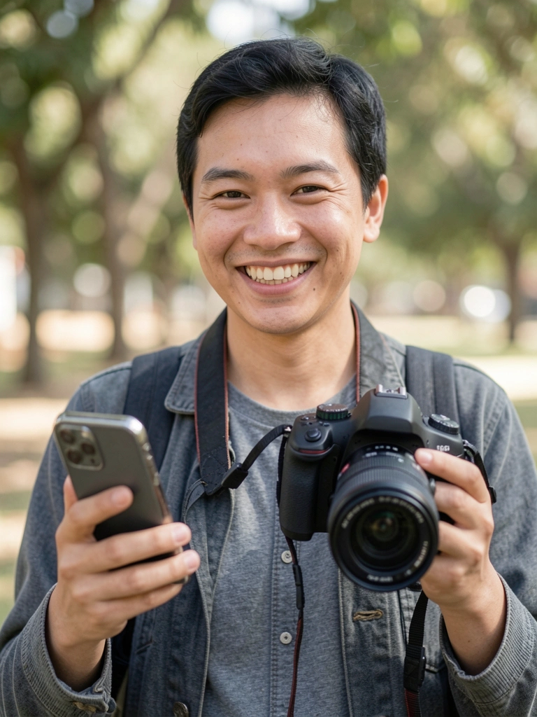 Pessoa sorrindo segurando um celular e uma câmera DSLR, fundo desfocado.