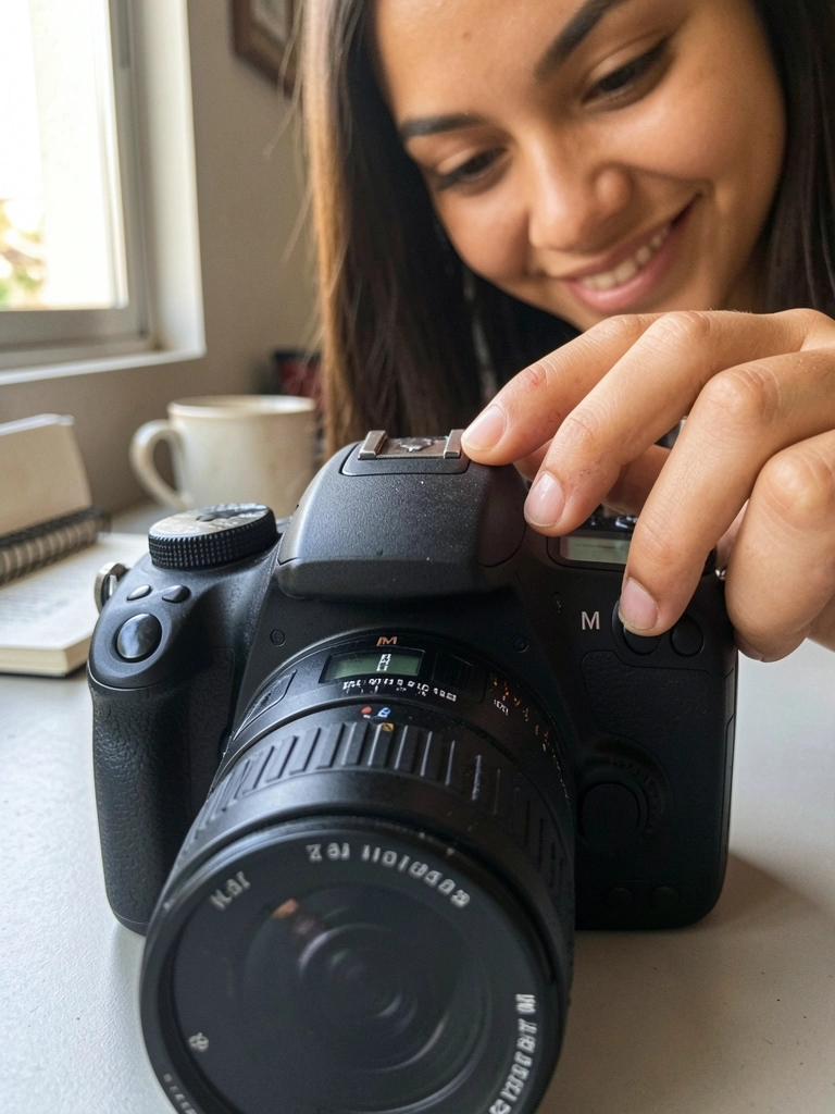 Câmera DSLR com dial seletor no modo M e fotômetro visível no visor.
