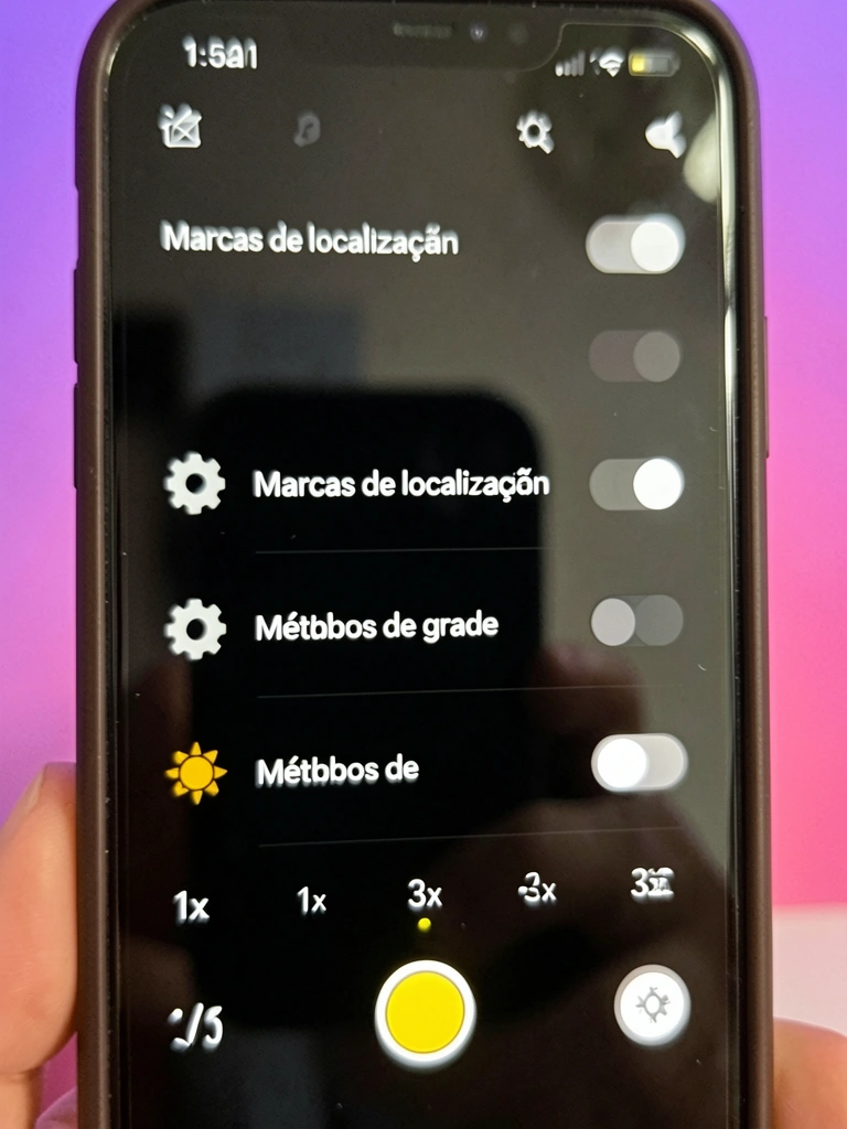 Tela de celular com ícone de engrenagem destacado no aplicativo câmera.