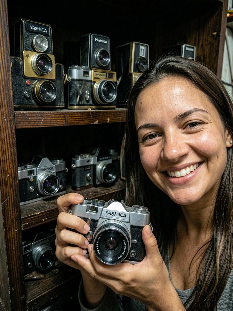 Fotógrafo segurando uma câmera mirrorless pequena com as duas mãos, fundo neutro.
