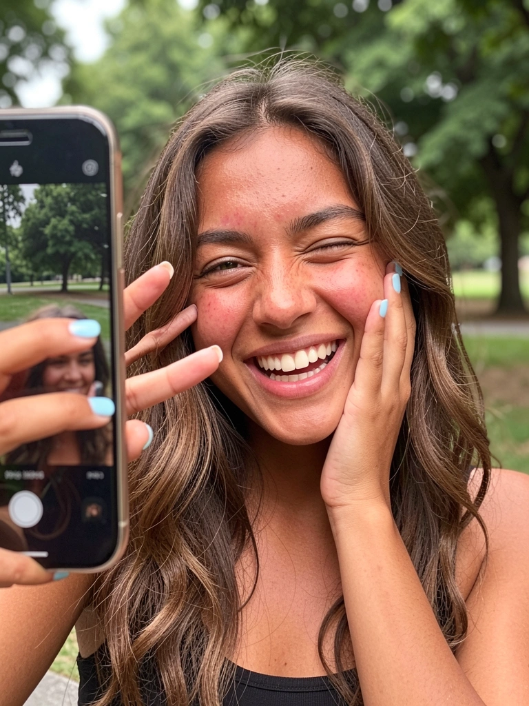Pessoa sorrindo enquanto fotografa com celular em ambiente com luz natural.