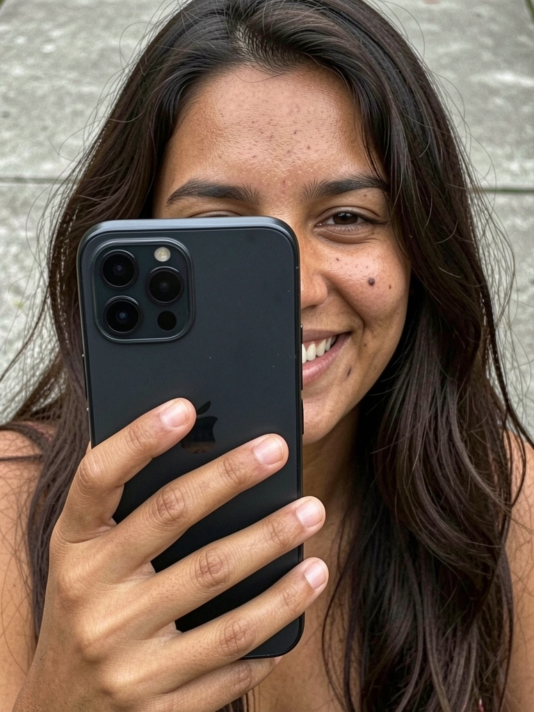 Celular preto com câmera traseira tripla sobre superfície clara, fundo desfocado com luz natural.