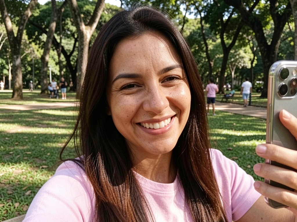 Pessoa sorrindo segurando celular para tirar foto em parque ensolarado.