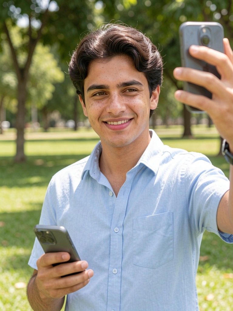 Jovem sorrindo enquanto segura celular para tirar foto em parque arborizado.