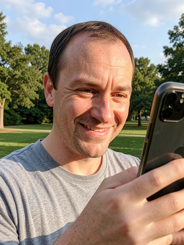 Pessoa segurando celular para tirar foto em parque com árvores e sol