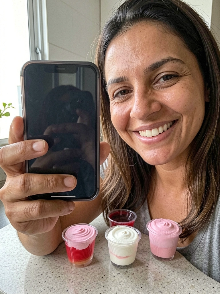Pessoa sorrindo segurando celular para tirar selfie em ambiente descontraído.