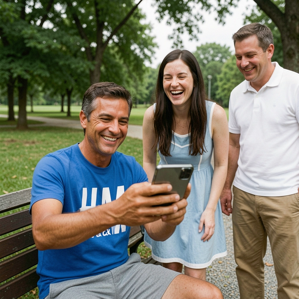 Pessoa sorrindo enquanto tira foto com celular em um parque ensolarado.