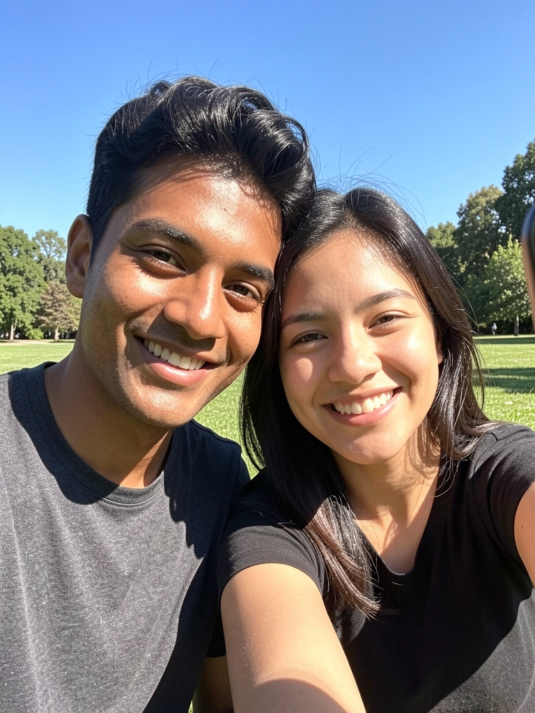 Pessoa sorrindo segurando celular em parque ensolarado com árvores ao fundo.