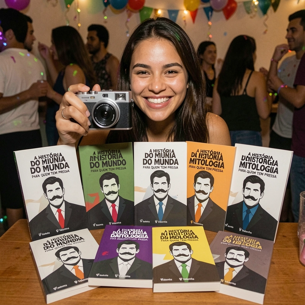 Pessoa sorrindo segurando uma câmera descartável em uma festa com luzes coloridas ao fundo.