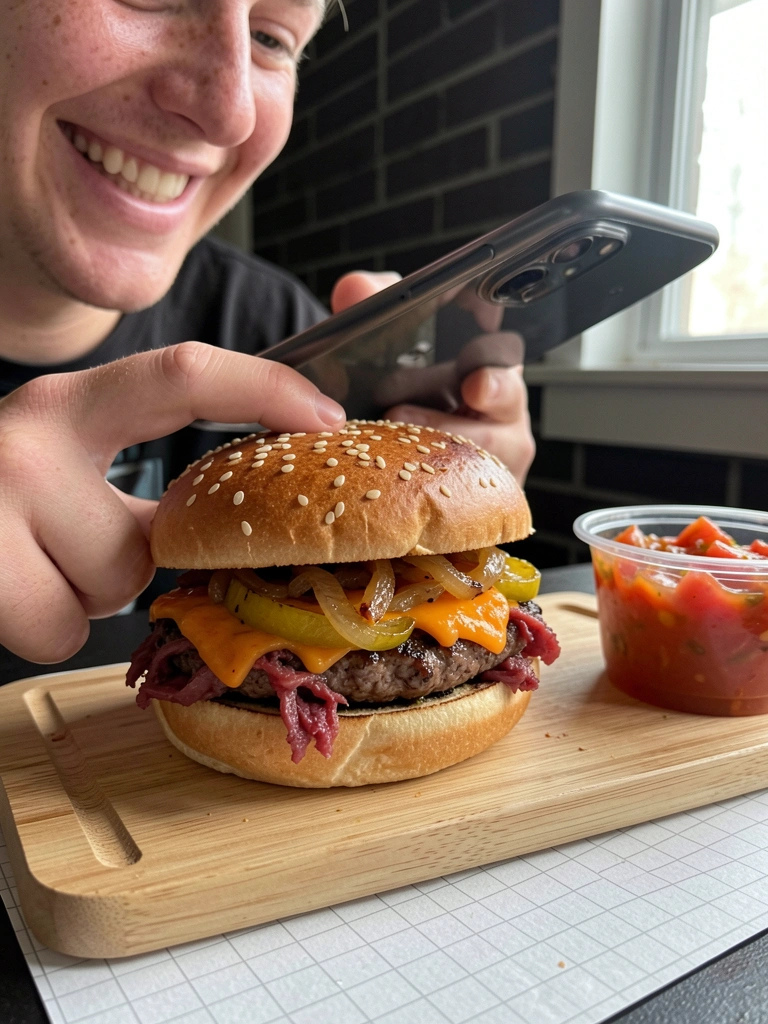 Pessoa sorrindo enquanto segura um celular para tirar uma foto.
