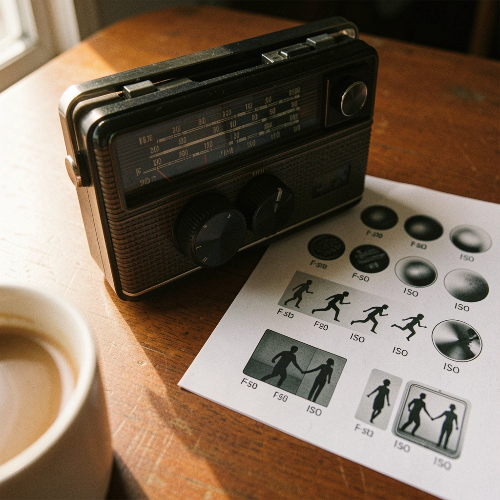 Rádio analógico com botão de volume e foto granulada em preto e branco.