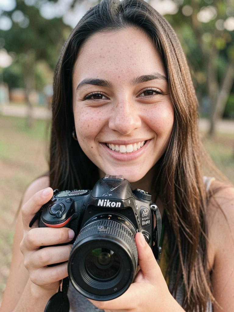 Iniciante segurando câmera DSLR e sorrindo, com fundo desfocado.