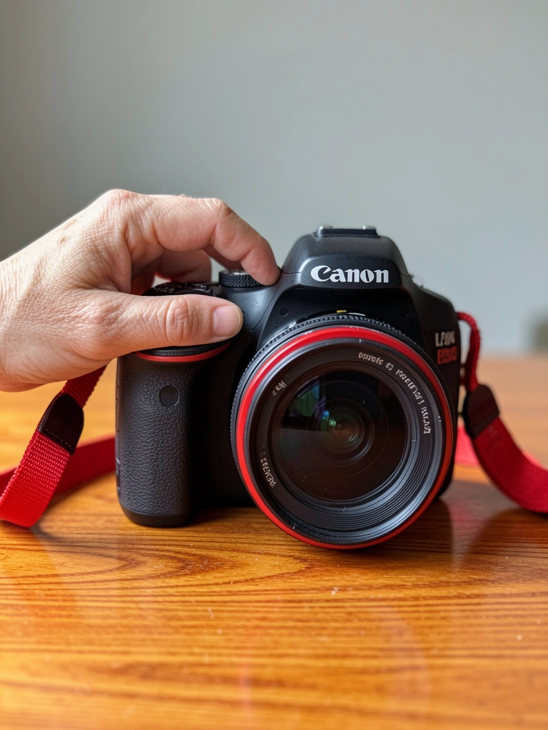 Mão girando o dial de modos de uma câmera DSLR, com foco seletivo no seletor.