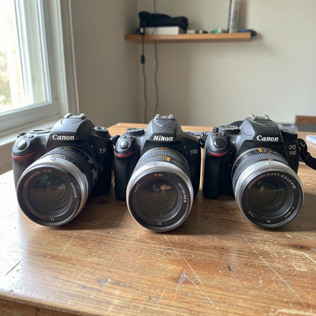 Três câmeras DSLR lado a lado: Canon T7, Nikon D3500 e Canon T100 sobre superfície neutra.