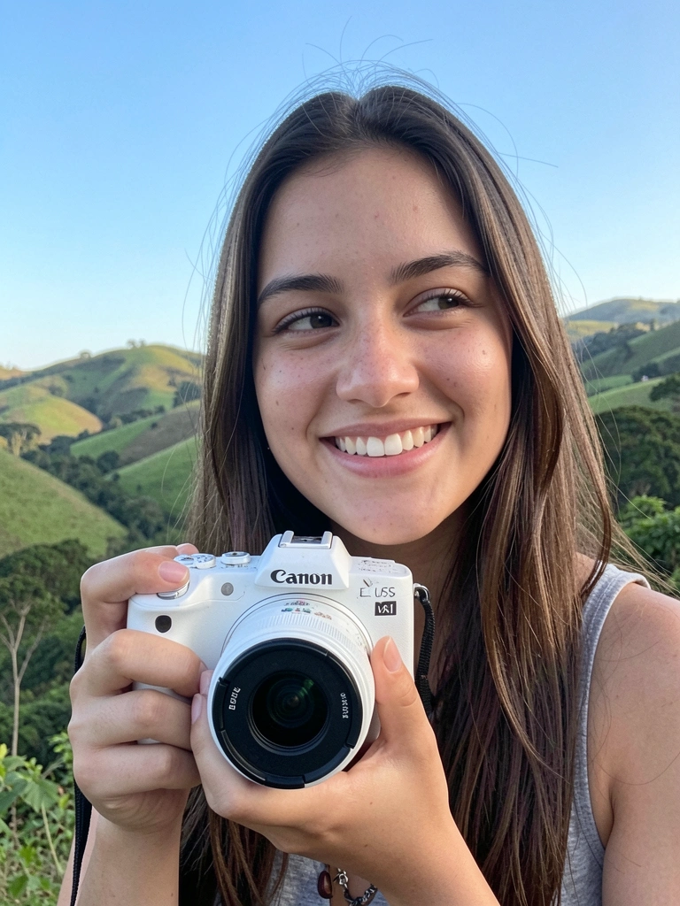 Pessoa sorrindo segurando câmera com paisagem de montanhas ao fundo.
