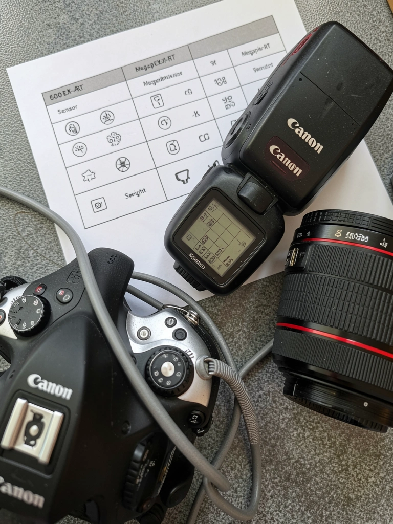 Tabela comparativa com ícones de sensor, megapixels e peso.