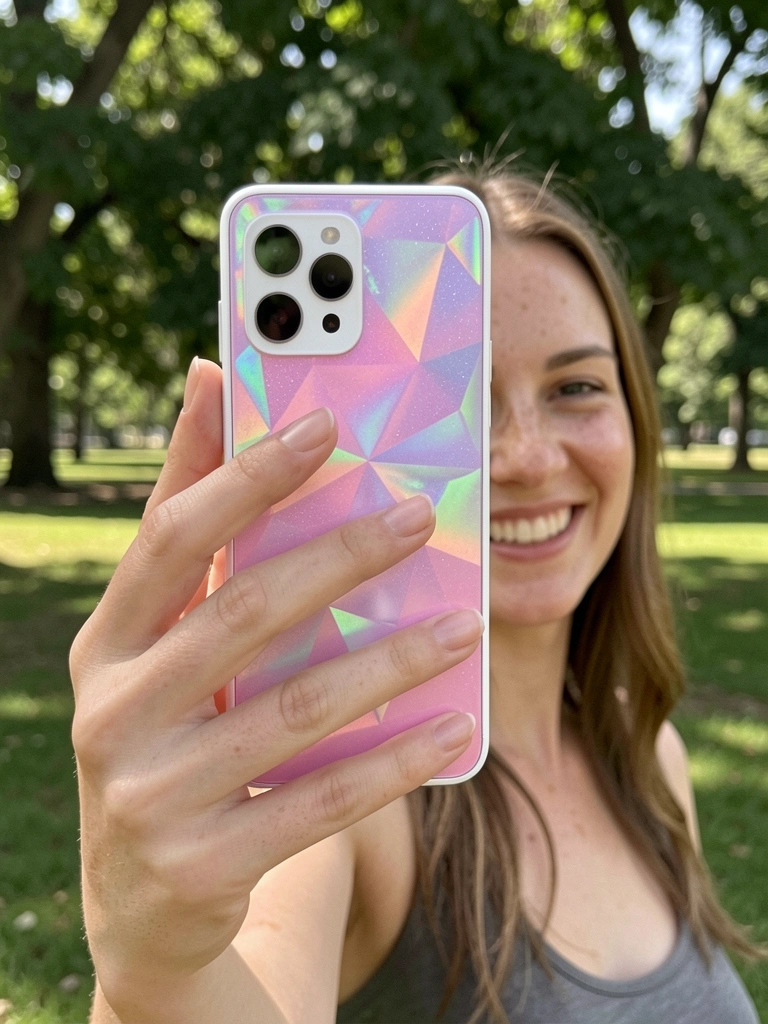 Pessoa sorrindo enquanto tira selfie com celular ao ar livre, árvores ao fundo.