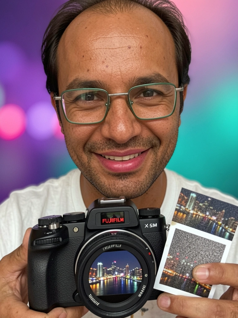 Duas fotos noturnas lado a lado: uma nítida com luzes definidas, outra granulada e desfocada.