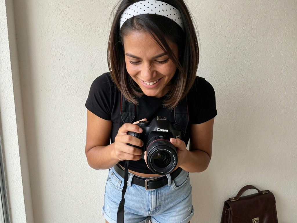 Pessoa sorrindo ao ver foto nítida na tela de uma câmera digital.