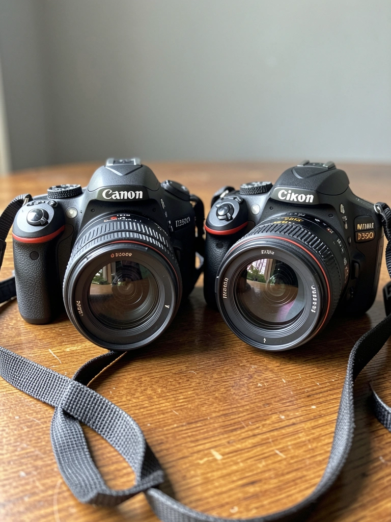 Duas câmeras DSLR, Canon T7 e Nikon D3500, posicionadas lado a lado sobre uma superfície neutra.