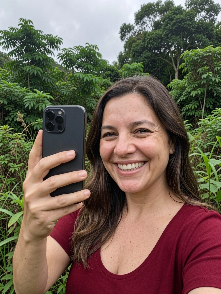 Pessoa sorrindo segurando câmera fotográfica em campo aberto com montanhas ao fundo.