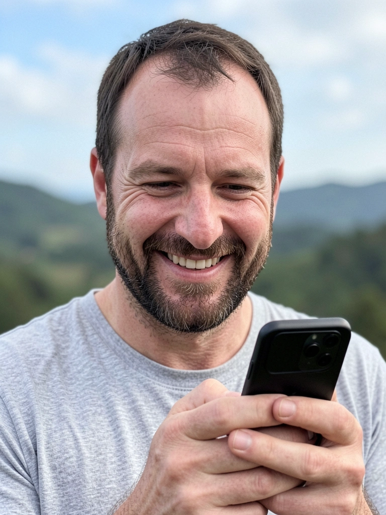 Pessoa sorrindo segurando smartphone para fotografar paisagem ao ar livre com céu azul e árvores ao fundo.